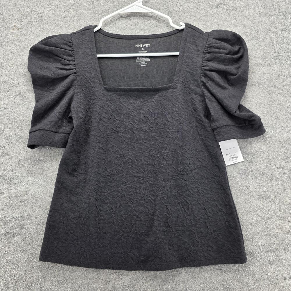 Nine West Shirt Womens Small Black Puff Sleeve Square Neck Textured Top NWT